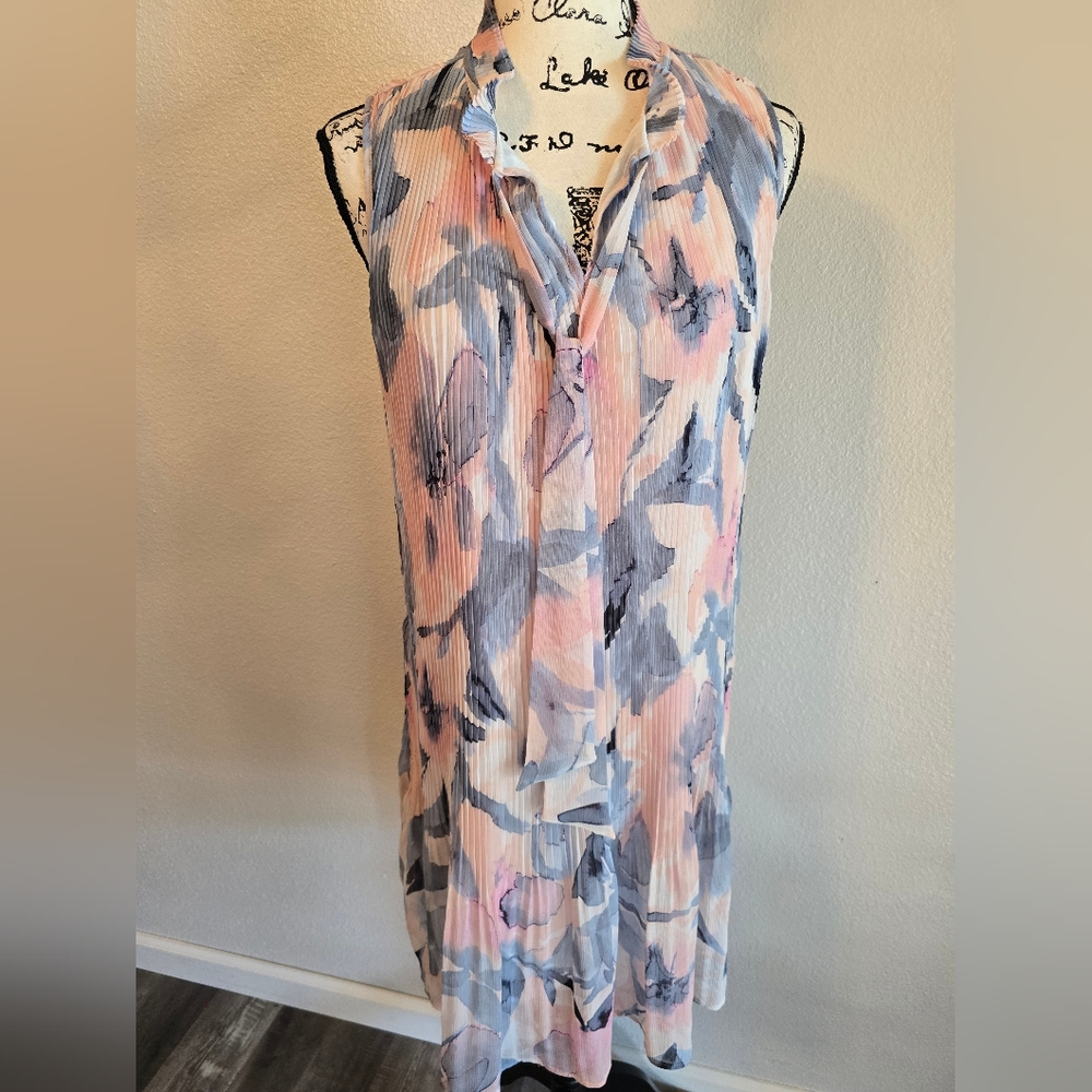 DKNY Women’s Pink-Blue Watercolor Floral Sleeveless Ruffle Midi Dress, 12